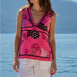 Bebe Pink Floral Boho Y2K  Resort Sleeveless Deep V Tunic Blouse Cotton Silk L